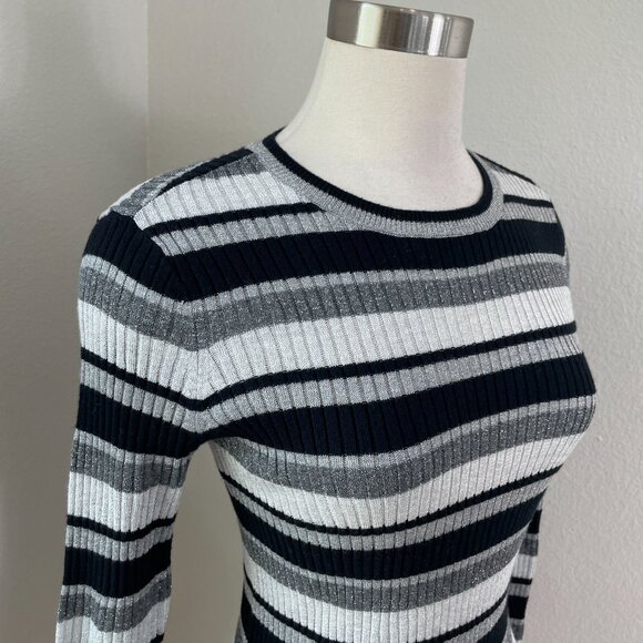 Frame Womens Small Metallic Striped Crewneck Ribbed Sweater Knit Top Stretch - Picture 2 of 10